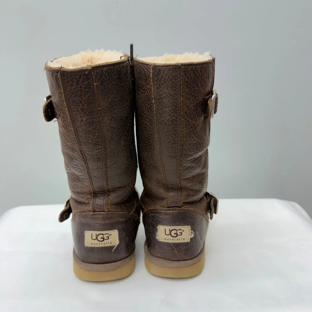 UGG Australia Kensington Girls Youth 3 Sheepskin Lined Brown Leather Boots 1969